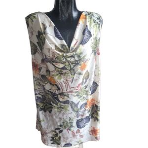 Claire France Cream Sleeveless Drape Neck Leaf Print Tunic 2X